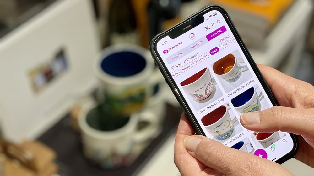 Woman holding a phone with the Everspruce Home Inventory App open.